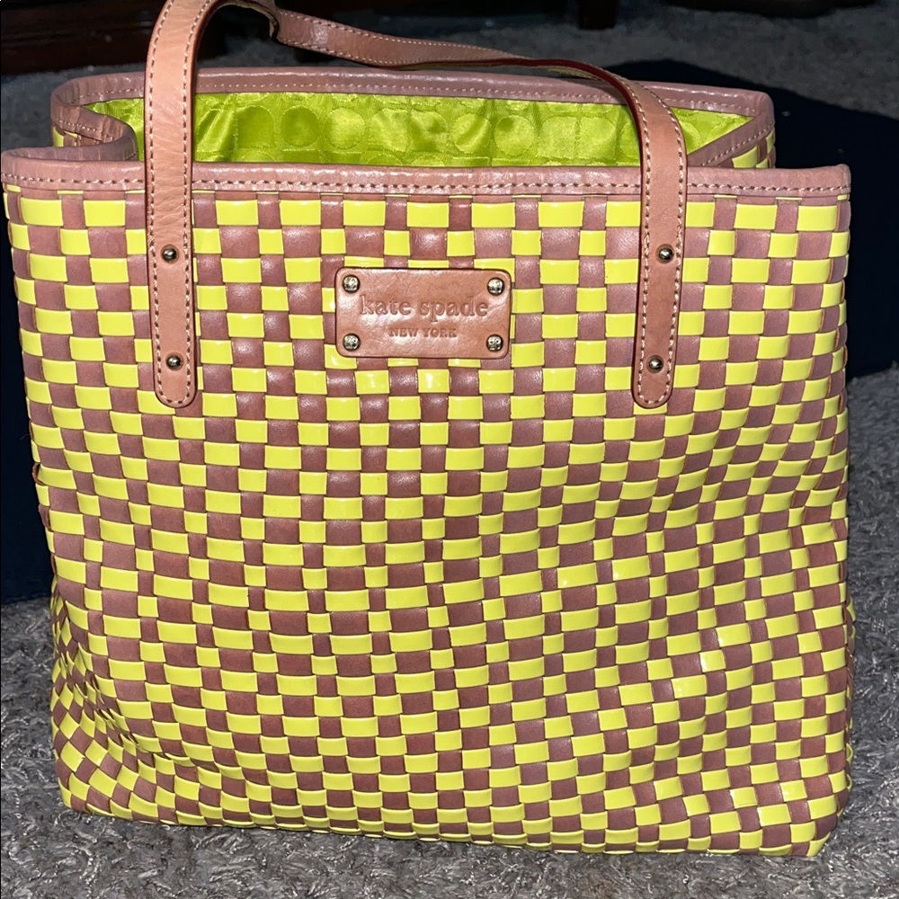 ♠️ Kate Spade Yellow & Brown Checkered Basketweave Tote, patent leather